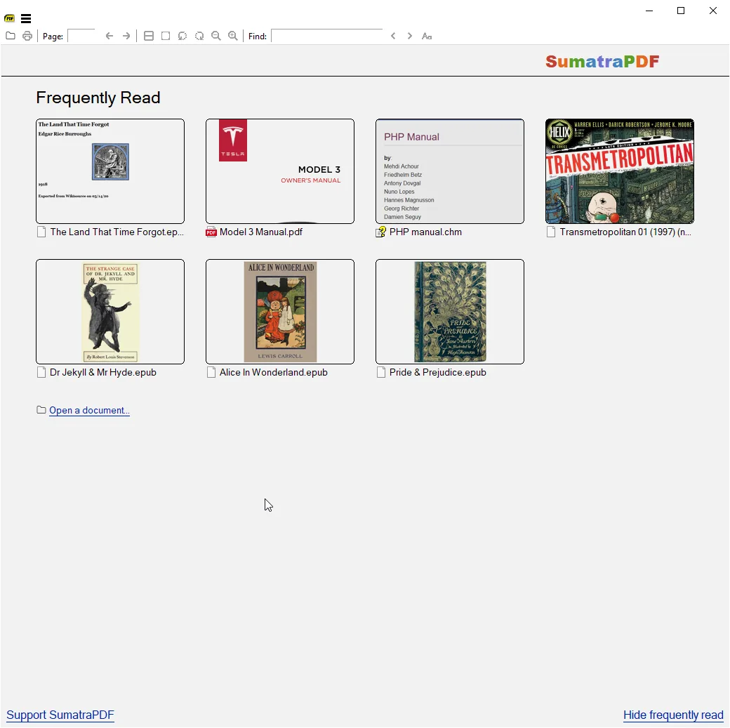 SumatraPDF pdf reader main window on Windows with a document open, toolbar and page canvas visible.
